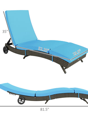 Patio Wicker Chaise Lounge Chair, Outdoor PE Rattan Sun lounger with Adjustable Backrest and 2 Wheels, Sky Blue