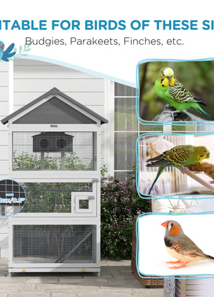 Wooden Bird Aviary with Slide-Out Tray, Birdhouse, Ladder, Perches for Finches, Parakeets, Gray