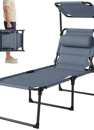 Outdoor Lounge Chair, 4 Position Adjustable Backrest, Folding, Cushioned w/ Sun Shade Roof & Pillow, Gray