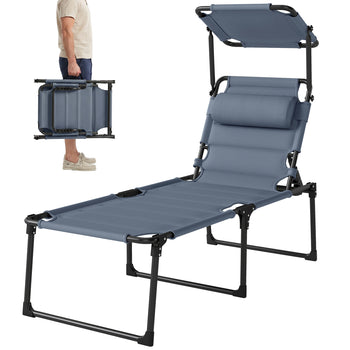 Outdoor Lounge Chair, 4 Position Adjustable Backrest, Folding, Cushioned w/ Sun Shade Roof & Pillow, Gray