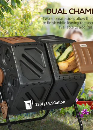 Dual Chamber Compost Tumbler Bin, Outdoor Tumbling Composter with 24 Ventilation Openings and Steel Legs, 34.5 Gallon
