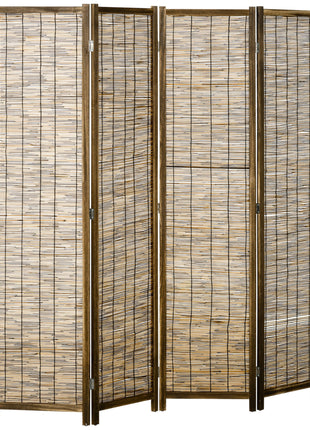 Hand Woven Room Divider, 4 Panel Folding Privacy Screen, Indoor Reed Partition Wall, 63"x67"x0.75", Brown