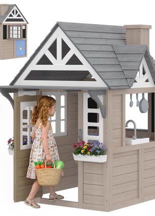 Outdoor Playhouse, Wooden Kids Playhouse with Dog Door, Cookware, Planter Box, Bell, Blackboard, Clock for Backyard