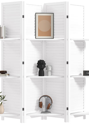 4 Panel 67" Tall Wood Privacy Screen Room Divider with 3 Shelves and Folding Storage for Bedroom, White