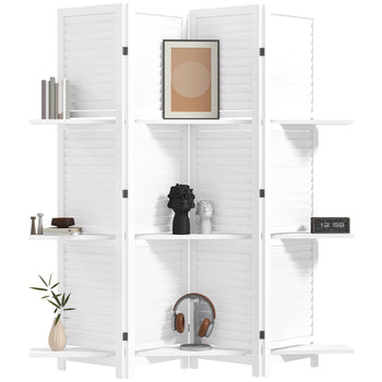 4 Panel 67" Tall Wood Privacy Screen Room Divider with 3 Shelves and Folding Storage for Bedroom, White