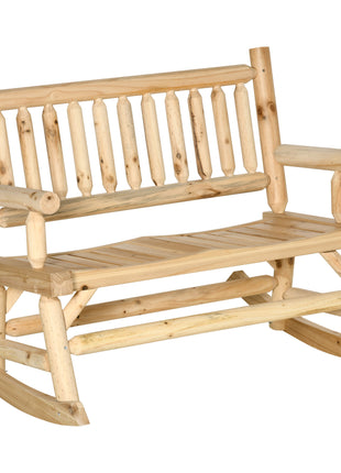 2-Person Wood Rocking Chair with Log Design, Heavy Duty Loveseat with Wide Curved Seats for Patio, Backyard, Garden, Natural