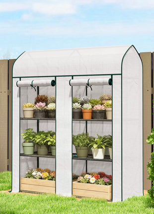 3 Tier Mini Greenhouse, Small Portable Greenhouse with 2 Roll-up Doors, 56.3" x 18.1" x 65", White