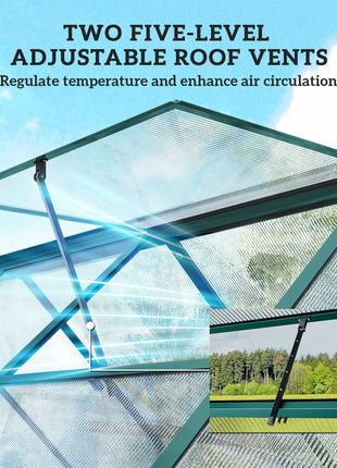 Polycarbonate Greenhouse with Swing Door and Two Adjustable Roof Vents, Aluminum Walk-in Greenhouse, 11x6 ft, Dark Green