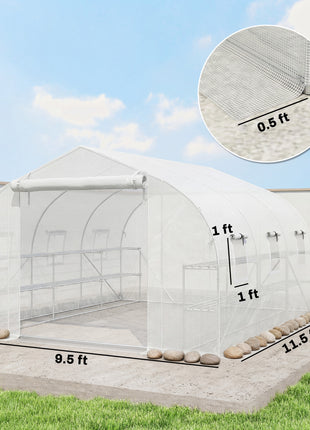 10'x11'x6' Walk-in Tunnel Greenhouse with Shelves, Mesh Door and Windows, Plant Hot House with PE Cover, White