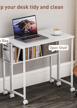 Folding Computer Desk, Foldable Desk with Storage Bag, Shelf and Wheels for Small Spaces, Home Office, White