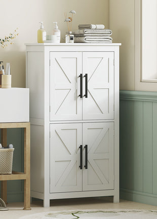 Bathroom Floor Storage Cabinet, Farmhouse Bathroom Cabinet with 4 Doors and Adjustable Shelf, White