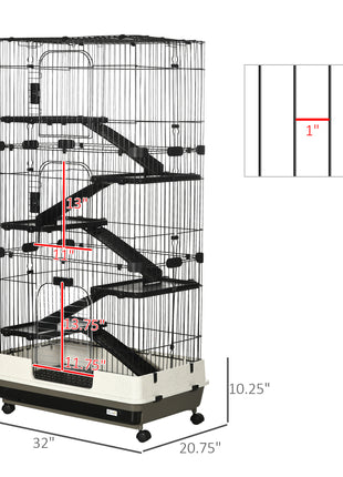 32"L 6-Level Small Animal Cage Rabbit Hutch with Universal Lockable Wheels, Slide-out Tray for Bunny, Chinchillas, Ferret, Black