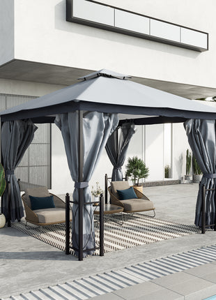 13x11 Gazebo with Sides, with Curtains, Removable Netting, Double Vented Roof, 8 Drainage holes, Aluminum Frame and Hooks, for Garden, Backyard, Patio, Gray
