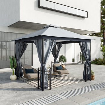 13x11 Gazebo with Sides, with Curtains, Removable Netting, Double Vented Roof, 8 Drainage holes, Aluminum Frame and Hooks, for Garden, Backyard, Patio, Gray