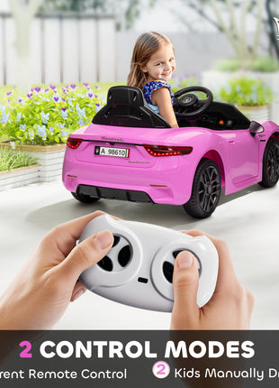 Maserati Gran Turismo Licensed 12V Kids Electric Car w/ Remote Control, Soft Start, LED Lights, Music, Horn, Pink