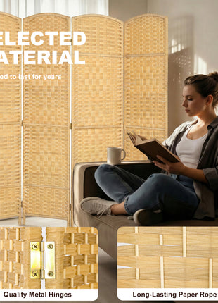 Folding Room Divider Screen 4 Panel 6' Tall Privacy Screen Freestanding Wood Partition for Home Office, Nature Wood