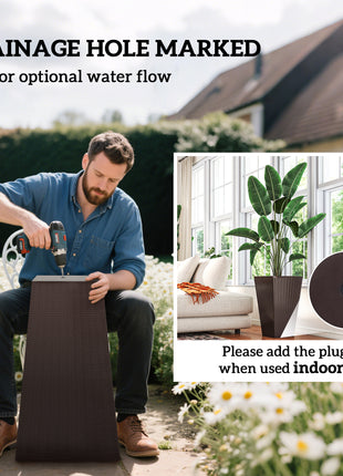 Set of 3 Tall Planters with Drainage Hole, 24" Outdoor Flower Plant Pots, Indoor Planters for Porch, Front Door, Entryway, Patio and Deck, Brown