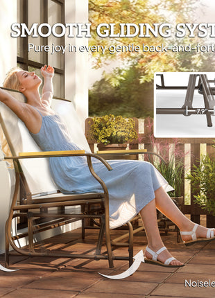Outdoor 2-Person Glider Bench, Outside Glider Swing Chair Loveseat with Table, Steel Frame, Cream White
