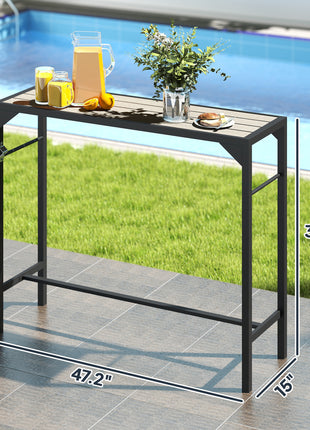 Outdoor Bar Table, Bar Height Patio Bar Table w/ Built-In Bottle Opener, Plastic Top with Wood Grain, 47.25" x 15" x 39"