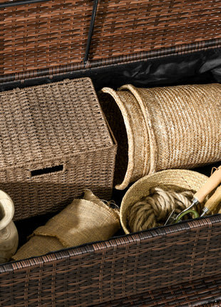Outdoor Deck Box & Shoe Storage, PE Rattan Wicker Towel Rack with Liner for Indoor, Outdoor, Patio Furniture Cushions, Pool, Garden Tools, Brown