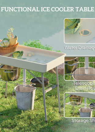 3.4ft Folding Ice Cooler Table with Drain, Fill and Chill Table Outdoor Table Cooler with Storage Shelf, Drink Cooler for Parties Picnic BBQ Camping Wedding, Tan