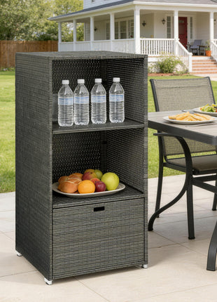 Valet Pool Towel Rack, Water-Resistant PE Plastic Rattan Wicker Storage Organizer, 2 Shelves, 1 Basket Drawer, Dark Gray