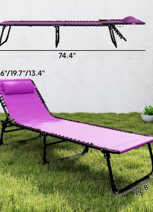 2 Folding Chaise Lounge Pool Chairs with 4-Position Reclining Back, Pillow, Breathable Mesh & Bungee Seat, Purple