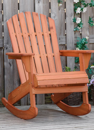 Adirondack Rocking Chair, with Slatted Wooden Design, Fanned Back, Ergonomic Armrests, & Classic Rustic Style, For Porch, Patio, Backyard, Teak