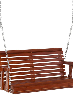 Porch Swing with Chains and Cupholders, 2 Person Wooden Patio Swing Chair, 440 lbs. Weight Capacity, for Garden, Poolside, Backyard, Brown