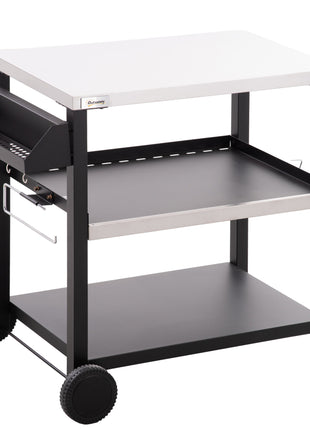 3-Shelf Outdoor Grill Cart Table with Side Handle, Stainless Steel Pizza Oven Stand on Wheels, Black