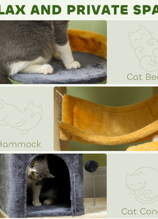 63 Inch Moon and Star Themed Cat Tree with Scratching Post, Hammock, Condo, Bed, Scratching Board & Cat Toys, Beige