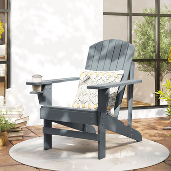 Oversized Adirondack Chair, Outdoor Fire Pit and Porch Seating, Classic Log Lounge w/ Built-in Cupholder, Dark Gray