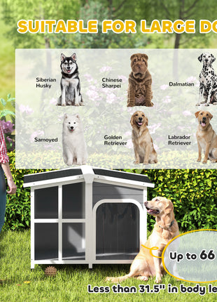 Cabin-Style Wooden Dog House for Large Dogs with Openable Roof & Giant Window, Dark Gray
