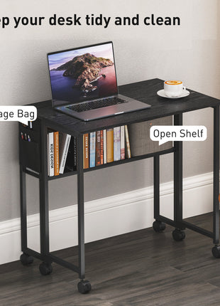 Folding Computer Desk, Foldable Desk with Storage Bag, Shelf and Wheels for Small Spaces, Home Office, Black