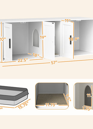 Cat Litter Box Enclosure with Double Room, Scratching Mat for 2 Cats, 57" x 19" x 20", White