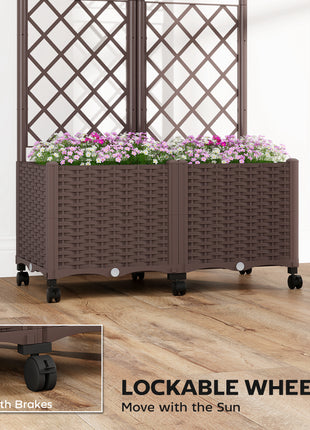 Planter Box with Trellis, Self Watering Raised Garden Bed with Lockable Wheels and Drainage Holes, Brown