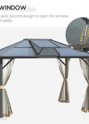 10' x 12' Hardtop Gazebo Canopy with Polycarbonate Roof, Aluminum Frame, Permanent Pavilion Outdoor Gazebo with Netting, for Patio, Garden, Backyard, Deck, Lawn, Gray, Brown