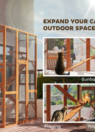 Outdoor Catio Cat Enclosure, Large Wooden Cat House with 6 Jumping Platforms, Scratching Post, 2 Ramps, for 2-3 Kittens