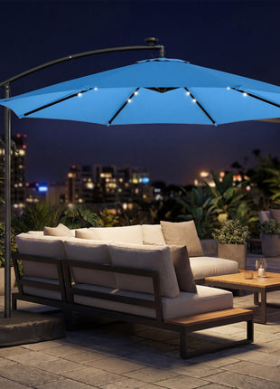 10 ft Cantilever Patio Umbrella with Light, Weight, Offset Hanging Outdoor Umbrella with Protective Cover, Lake Blue