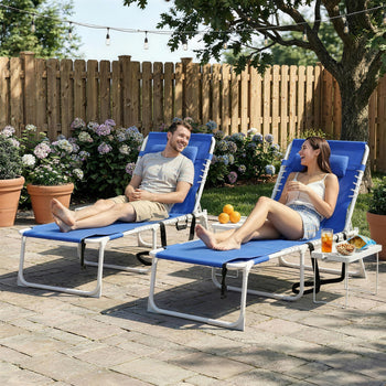 Tanning Chair Set of 2 with Face Hole and Side Table, 5-Position Folding Outdoor Chaise Lounge Chair, Navy Blue