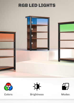 LED TV Stand, Entertainment Center with Storage Shelves and Steel Frame for Living Room, Brown