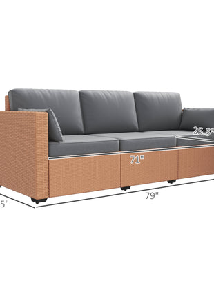 Patio Couch PE Wicker Deep Seating Outdoor Sofa with Removable Cushions, 3 Seater Rattan Sofa, Outdoor Furniture for Balcony, Deck, Garden and Poolside, Sand