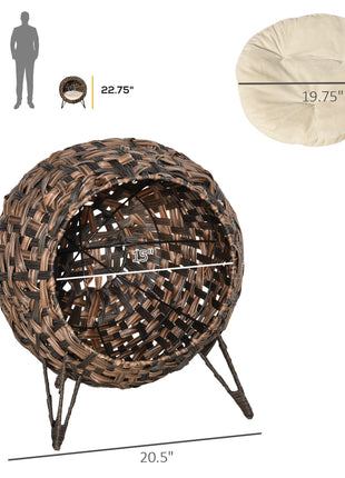 20.5" Weaved Cat Bed, Elevated Hand-woven Braided Banana Leaf Kitten House Condo with Cushion, Brown