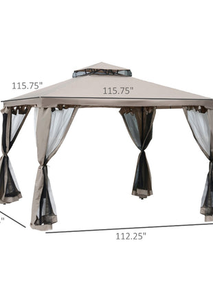 10' x 10' Gazebo Tent, Double Roof Outdoor Canopy Shelter, with Netting Fabric and Vented Roof, Steel Corner Frame for Garden, Lawn, Backyard, Taupe