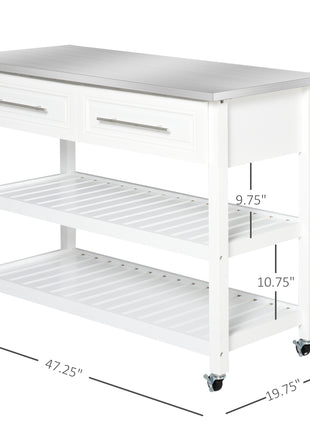 Kitchen Island with Stainless Steel Top, Traditional Kitchen Island with Storage, Butcher Block Cart 2-Tier Open Shelves, Drawers, White
