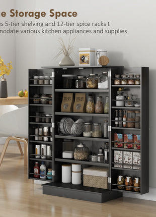 Freestanding Kitchen Pantry Cabinet, Kitchen Cabinet with 12 Door Shelves, Double Doors, 5-tier Shelving, Black