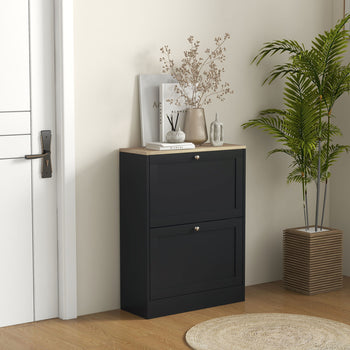 Slim Shoe Storage Cabinet, Modern Shoe Cabinet with 2 Flip Drawers and Adjustable Shelves for 8-12 Pairs, Black