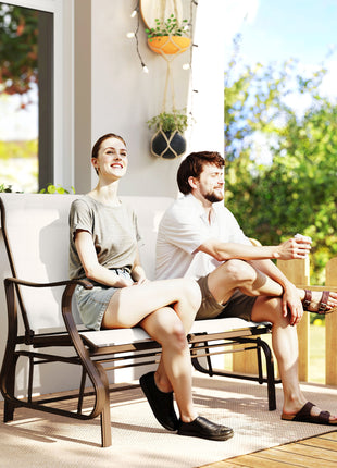 2-Person Outdoor Glider Bench, Patio Glider Loveseat Chair with Powder Coated Steel Frame, 2 Seats Porch Rocking Glider for Backyard, Lawn and Garden, Cream White