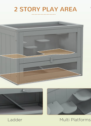 2-Level Hamster Cage with Openable Top, Door, Shelf, Ladder, Gray