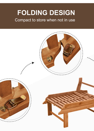 Outdoor Folding Chaise Lounge Chair Recliner with Wheels, Acacia Wood Frame - Teak Color